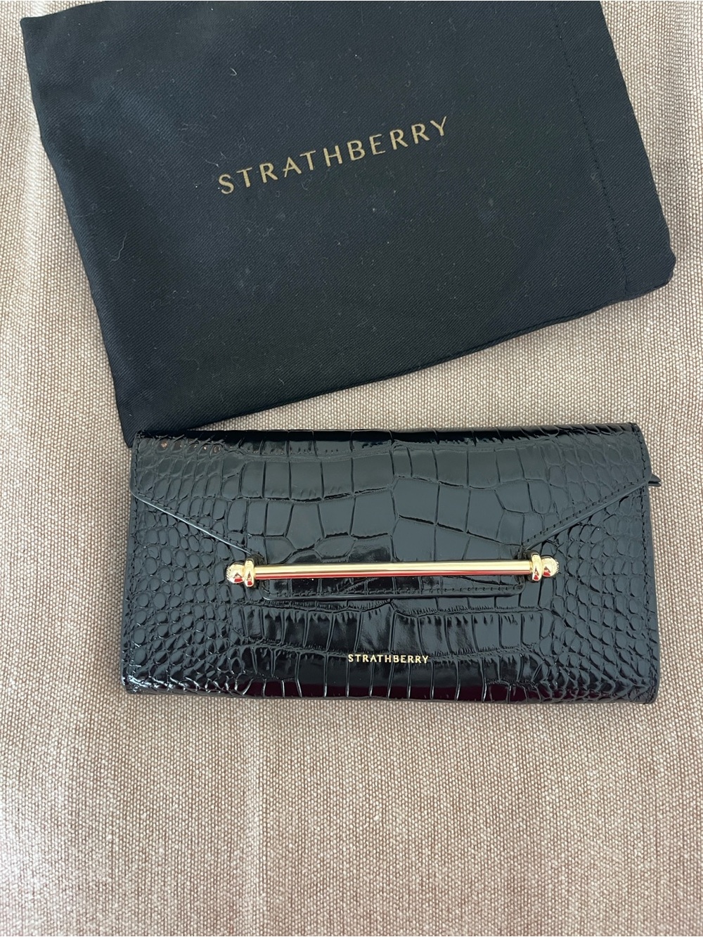 Strathberry Multrees chain wallet in black embossed croc